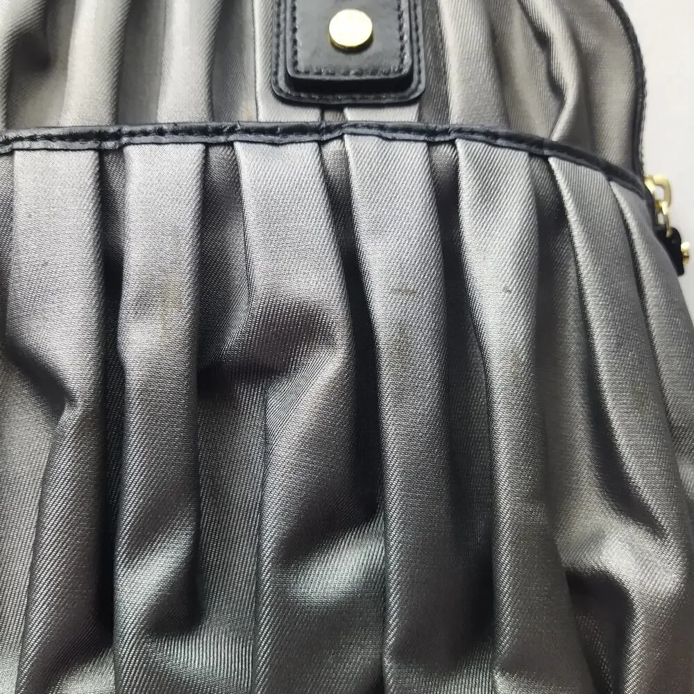 MZ Wallace Gray Nylon Pleated Zipper Pockets Top Handles Satchel Shoulder Bag